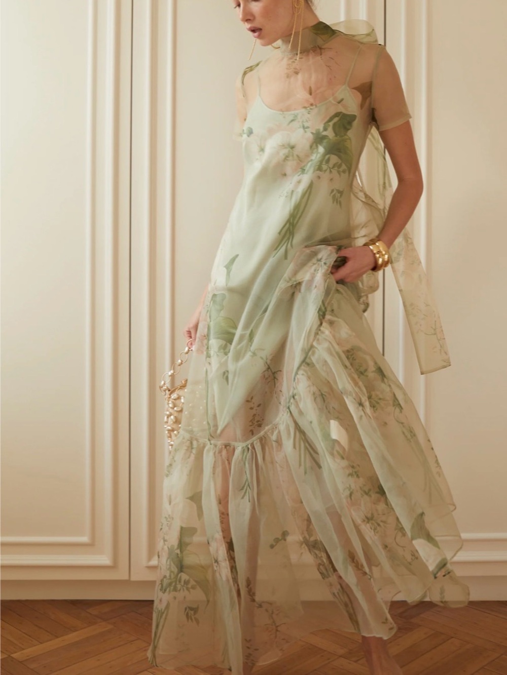 Cara Cara Pale Green Floral Chiffon Maxi Dress
